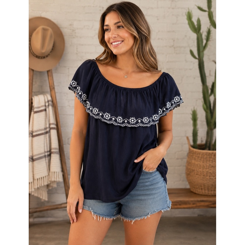 Lane Bryant Navy Blue Embroidered Off The Shoulder Ruffle Blouse 18/20